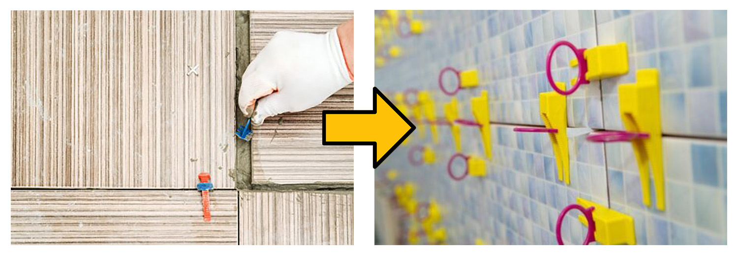 磁磚整平器卡入磁磚縫;